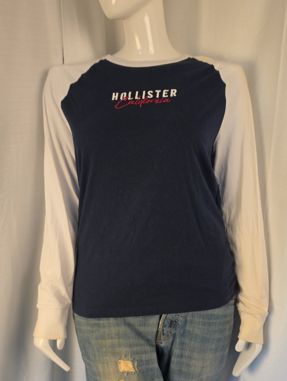 Vintage Hollister Navy and White 100% Cotton Raglan Baseball Pullover Size Large